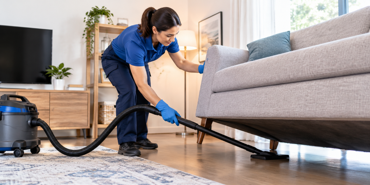 Professional cleaner moving a sofa to vacuum and clean underneath furniture.