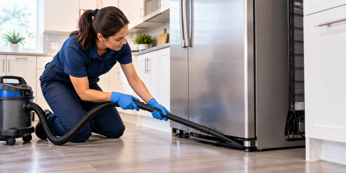 Professional cleaner vacuuming behind and underneath a refrigerator
