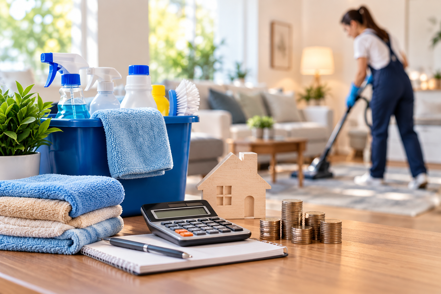 Professional cleaners performing detailed deep cleaning of a bright modern home, including furniture, floors, and kitchen surfaces. 